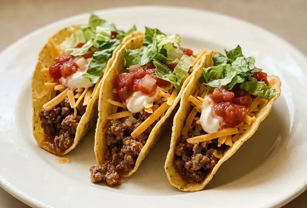 Bird's-eye view of two taco shells filled with seasoned ground beef and topped with shredded cheddar cheese.