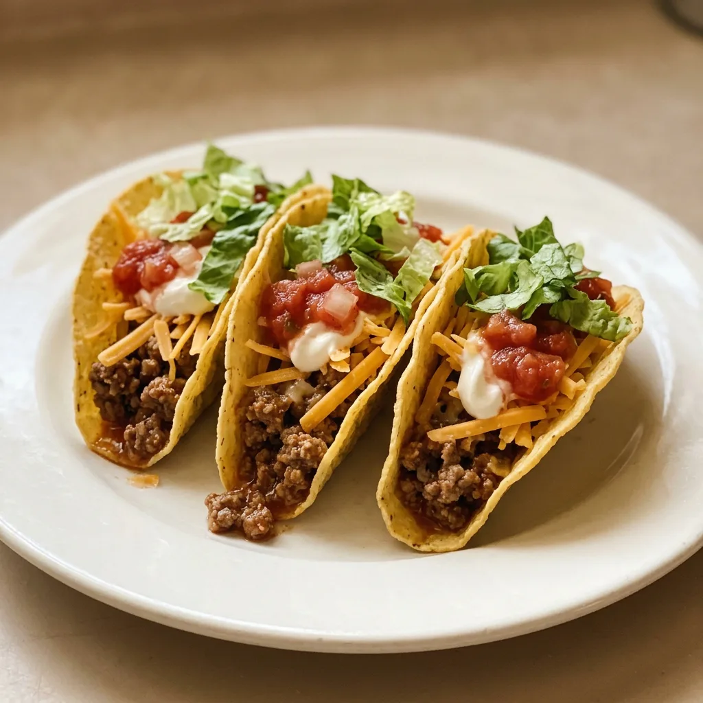 Bird's-eye view of two taco shells filled with seasoned ground beef and topped with shredded cheddar cheese.
