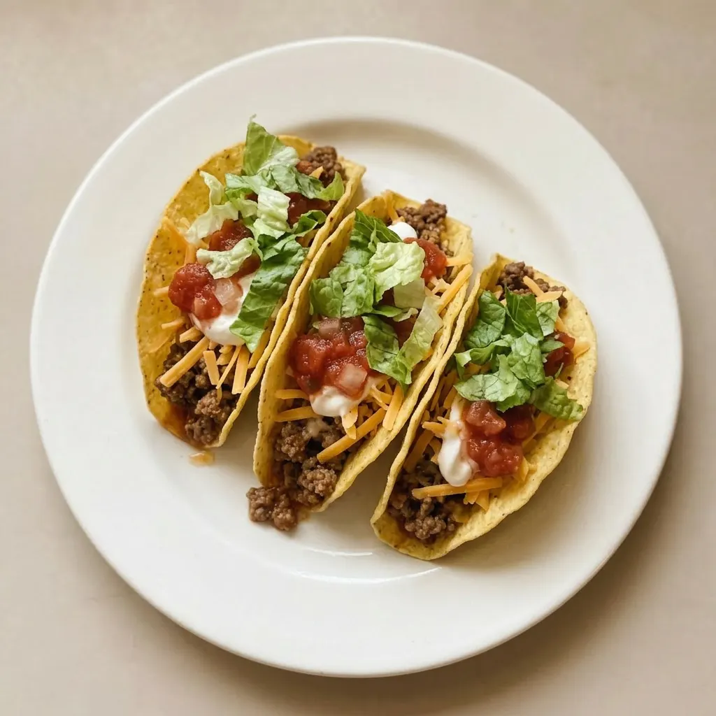 Ready to serve: tacos with ground beef and cheddar cheese in crispy shells.