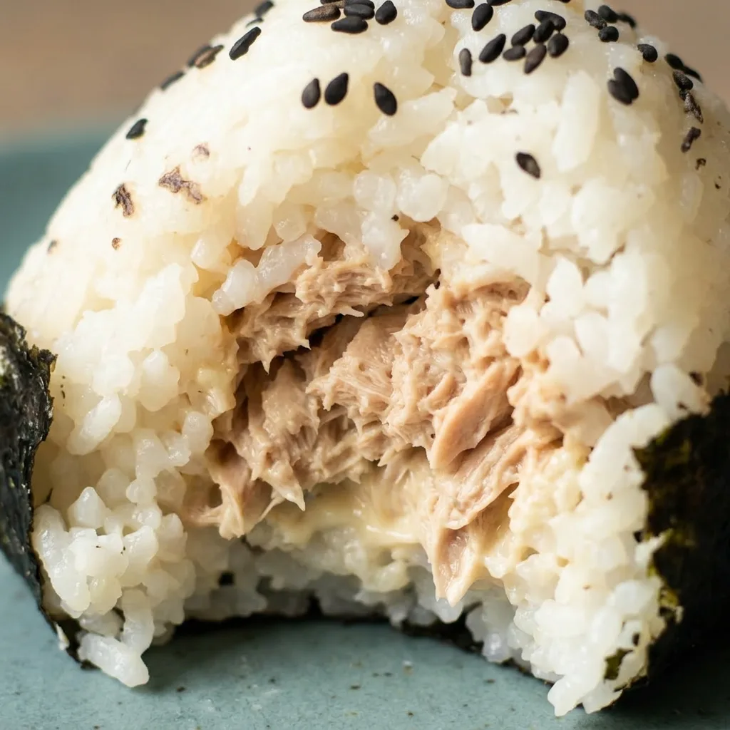 Up close, a triangular rice ball wrapped in nori, with visible tuna-mayo filling peeking from the side.