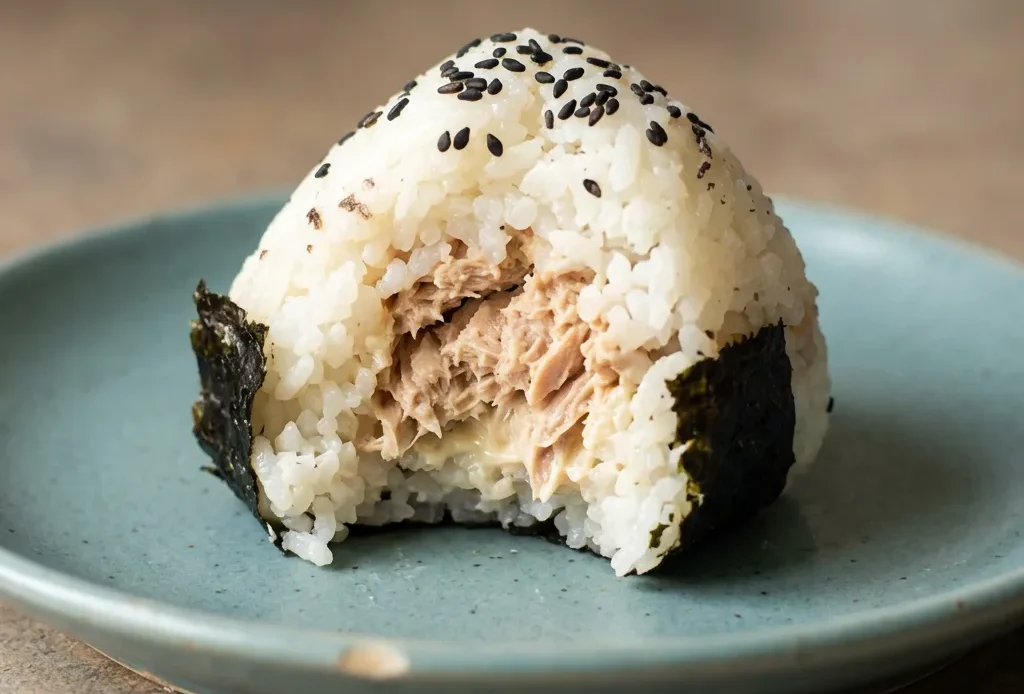 Looking down at a triangular onigiri with a strip of nori, topped with tuna and mayonnaise.