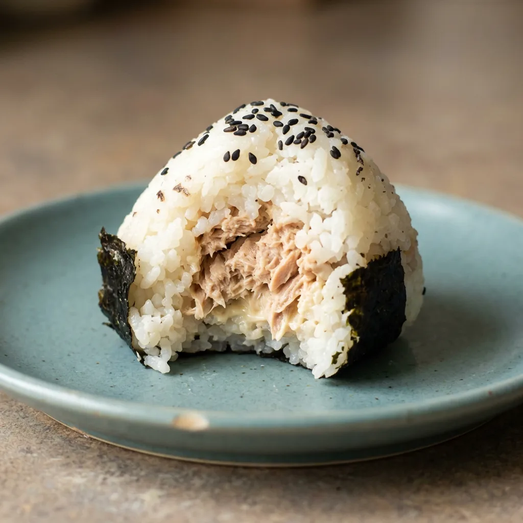 Looking down at a triangular onigiri with a strip of nori, topped with tuna and mayonnaise.