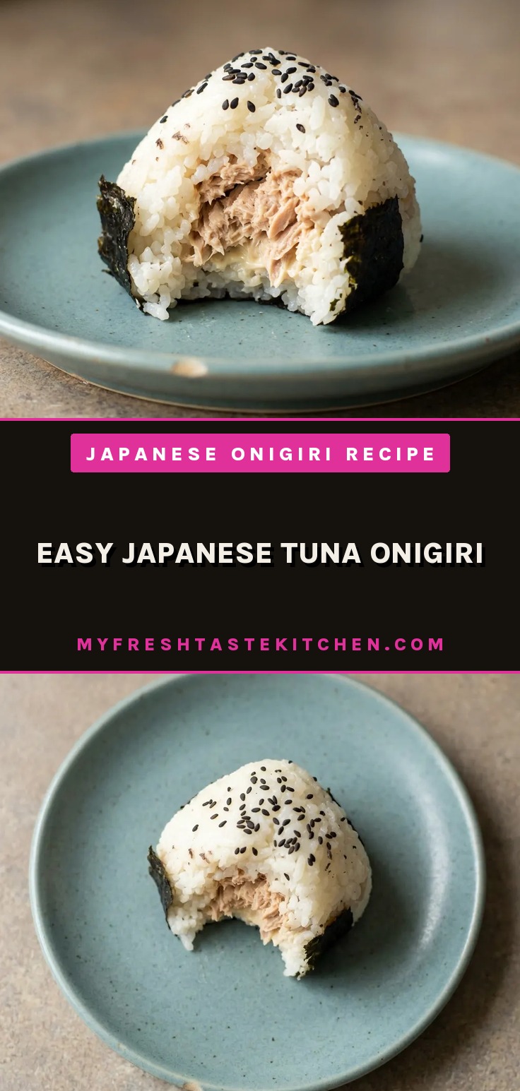 Easy Japanese Tuna Onigiri, a triangular rice ball with nori, filled with tuna and mayonnaise, sprinkled with sesame seeds.