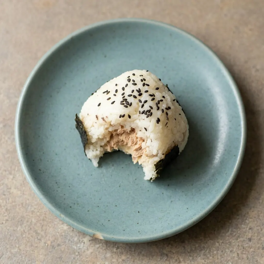 A plate of triangular onigiri with nori, each topped with a dollop of tuna and mayonnaise.