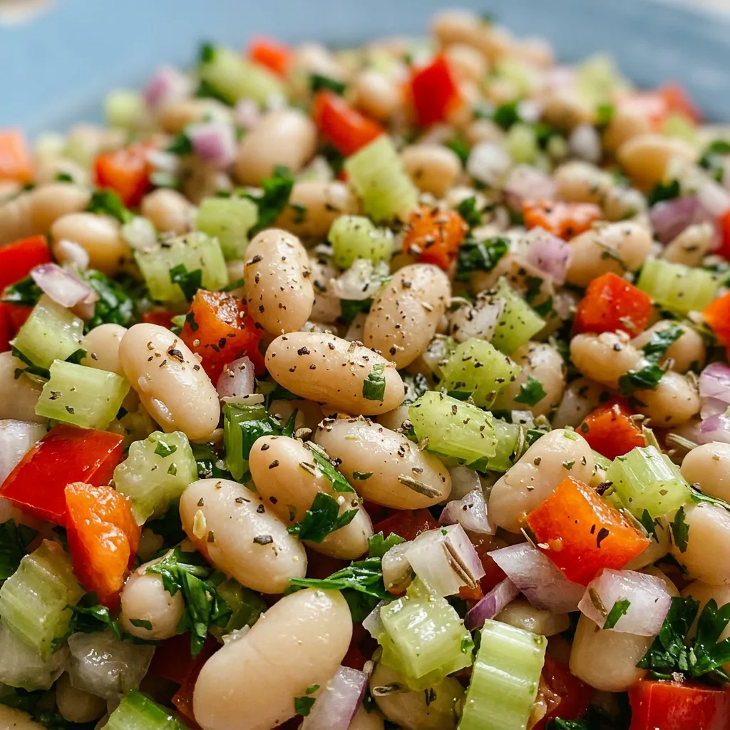 Zoomed in on white beans, diced red bell pepper, celery, red onion, and parsley glistening with olive oil and vinegar.