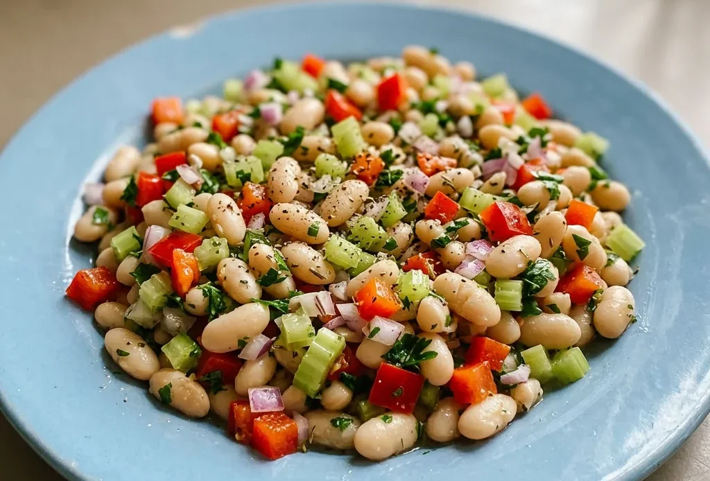 Bird's-eye view of white bean salad with red bell pepper, celery, red onion, and parsley in a light vinaigrette.