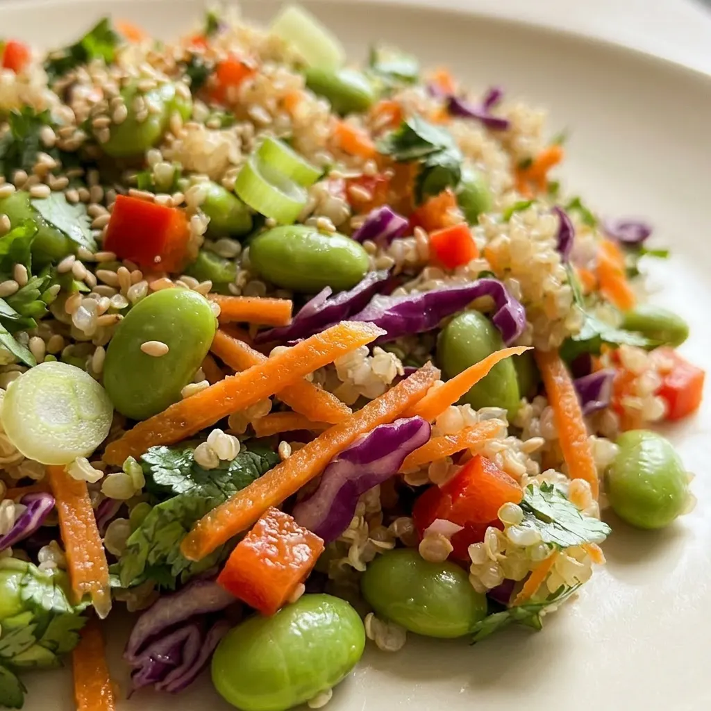 Close view of quinoa and edamame salad featuring red bell pepper, carrots, red cabbage, and green onions, with visible sesame oil and soy sauce dressing.
