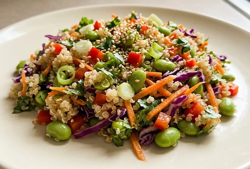 Overhead shot of quinoa and edamame salad with red bell pepper, carrots, red cabbage, green onions, and cilantro, dressed in sesame oil and rice vinegar.
