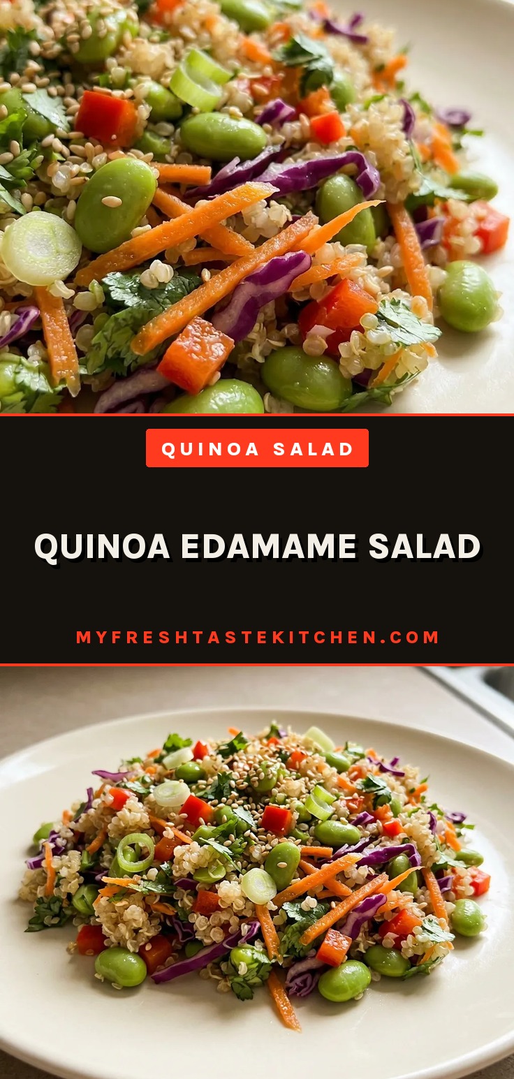Overhead shot of quinoa and edamame salad with red bell pepper, carrots, red cabbage, green onions, and cilantro, dressed in sesame oil and rice vinegar.