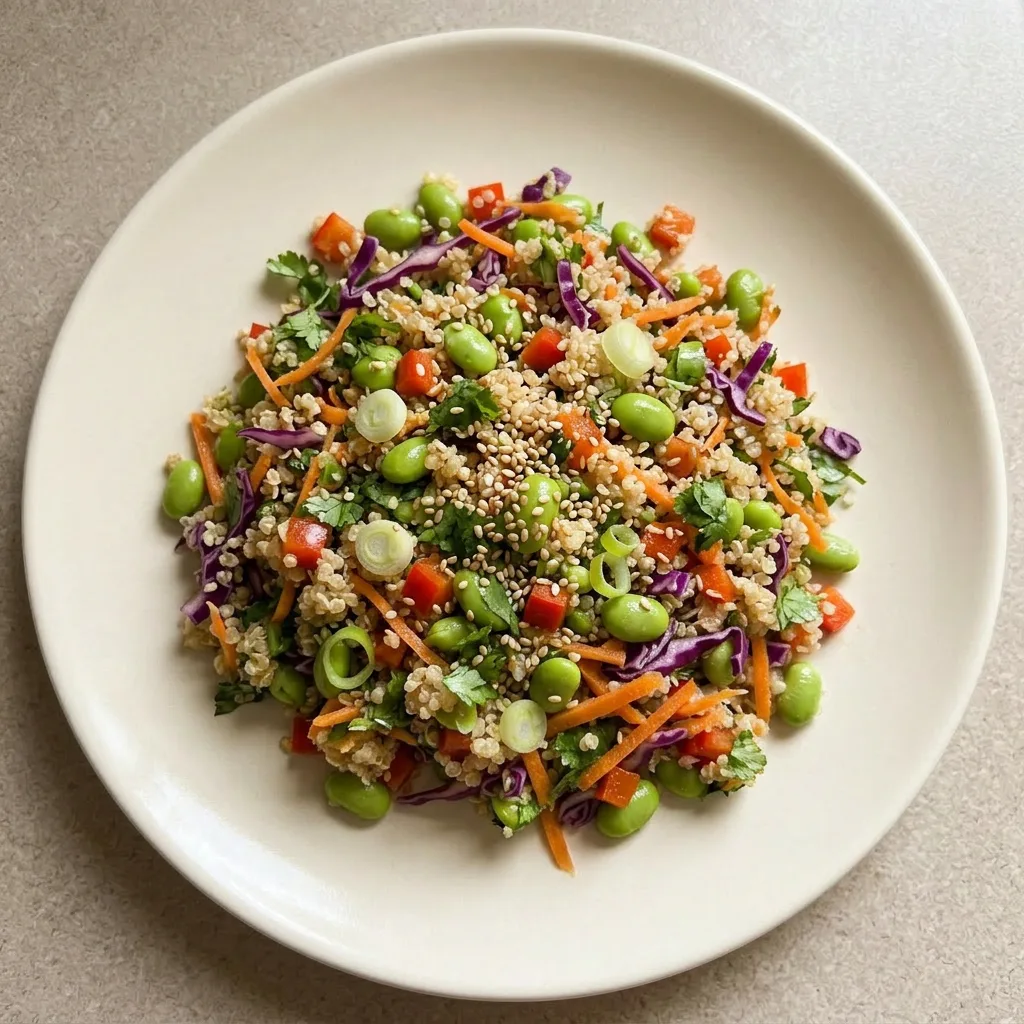 Plated quinoa and edamame salad topped with red bell pepper, carrots, red cabbage, green onions, and cilantro, drizzled with sesame oil and rice vinegar.