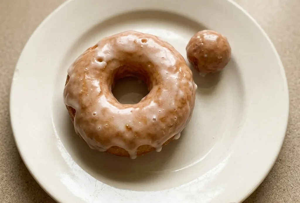 Bird's-eye view of a round donut with glossy white icing on a dark surface.