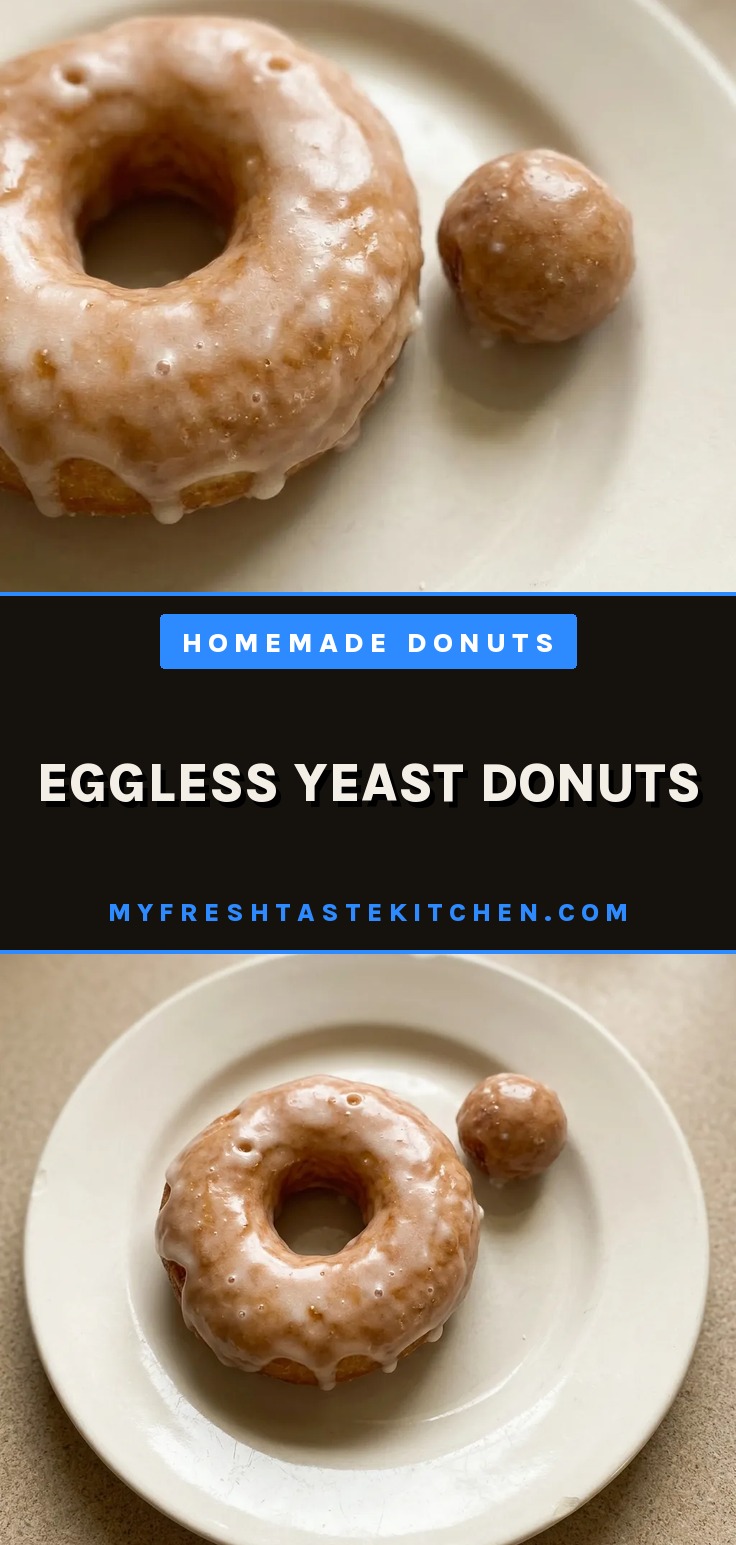 Eggless yeast donuts, fluffy and golden fried, coated in powdered sugar glaze.