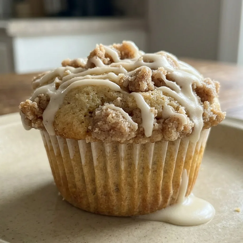 Up close, a muffin with a golden brown dome, visible specks of cinnamon and nutmeg, and a smear of butter on the top.