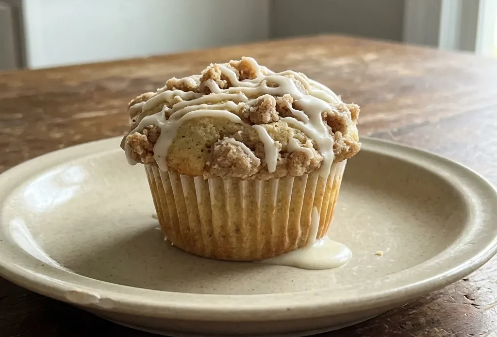 Looking down at three round muffins topped with a dusting of cinnamon and nutmeg, each in a fluted paper liner.