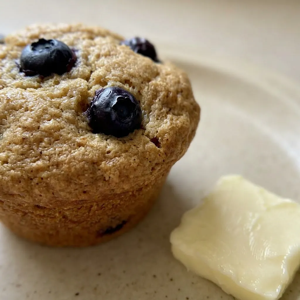 Close view of a muffin with visible blueberries and a maple syrup glaze.