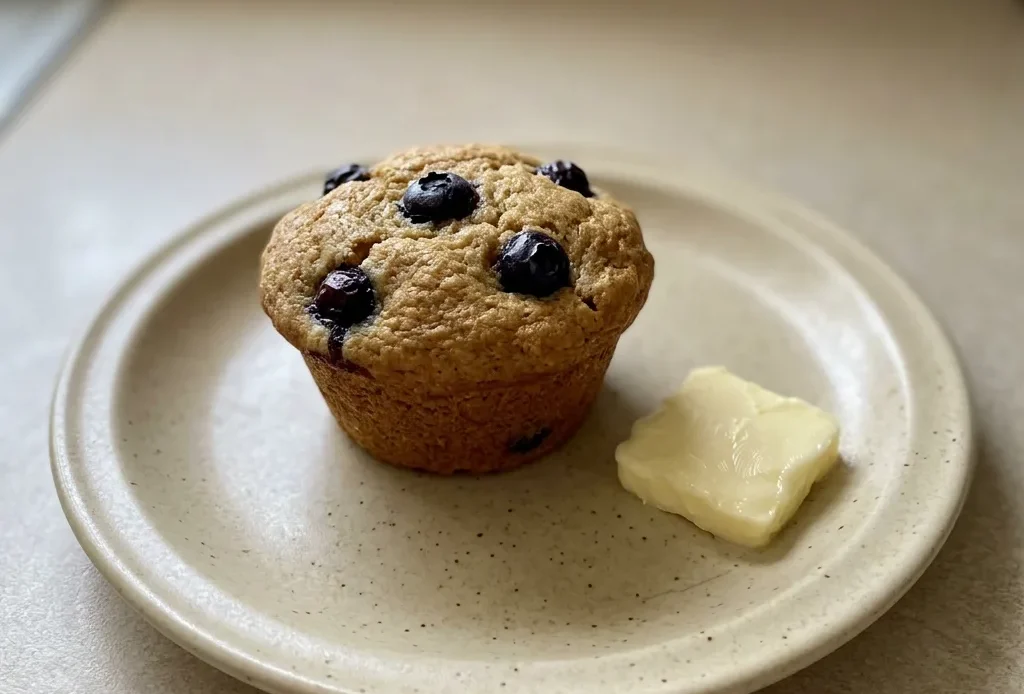 Overhead shot of a golden muffin with blueberries and a drizzle of honey on top.