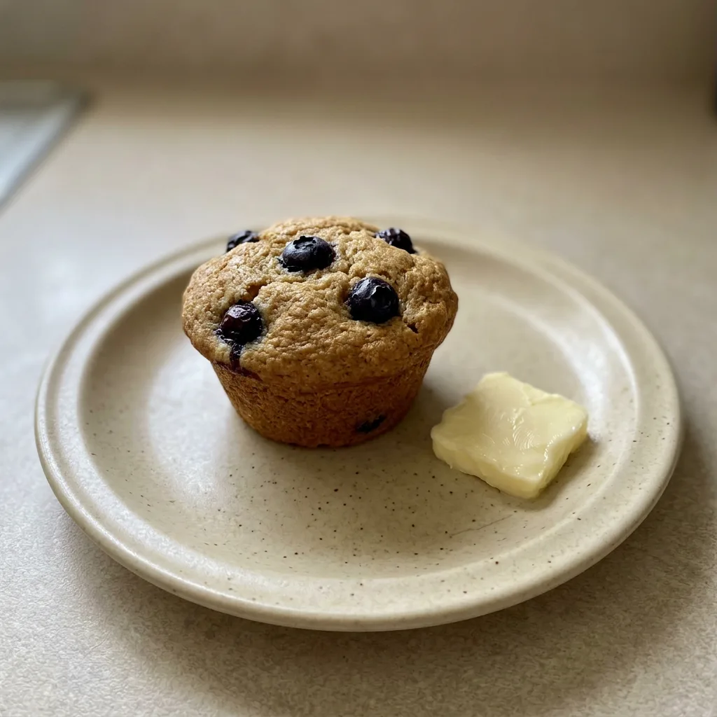 Overhead shot of a golden muffin with blueberries and a drizzle of honey on top.