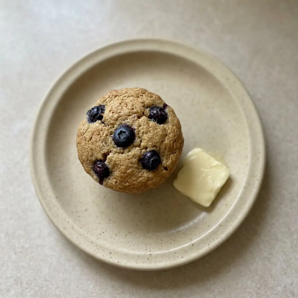 Plated muffin with blueberries and honey on a white plate.