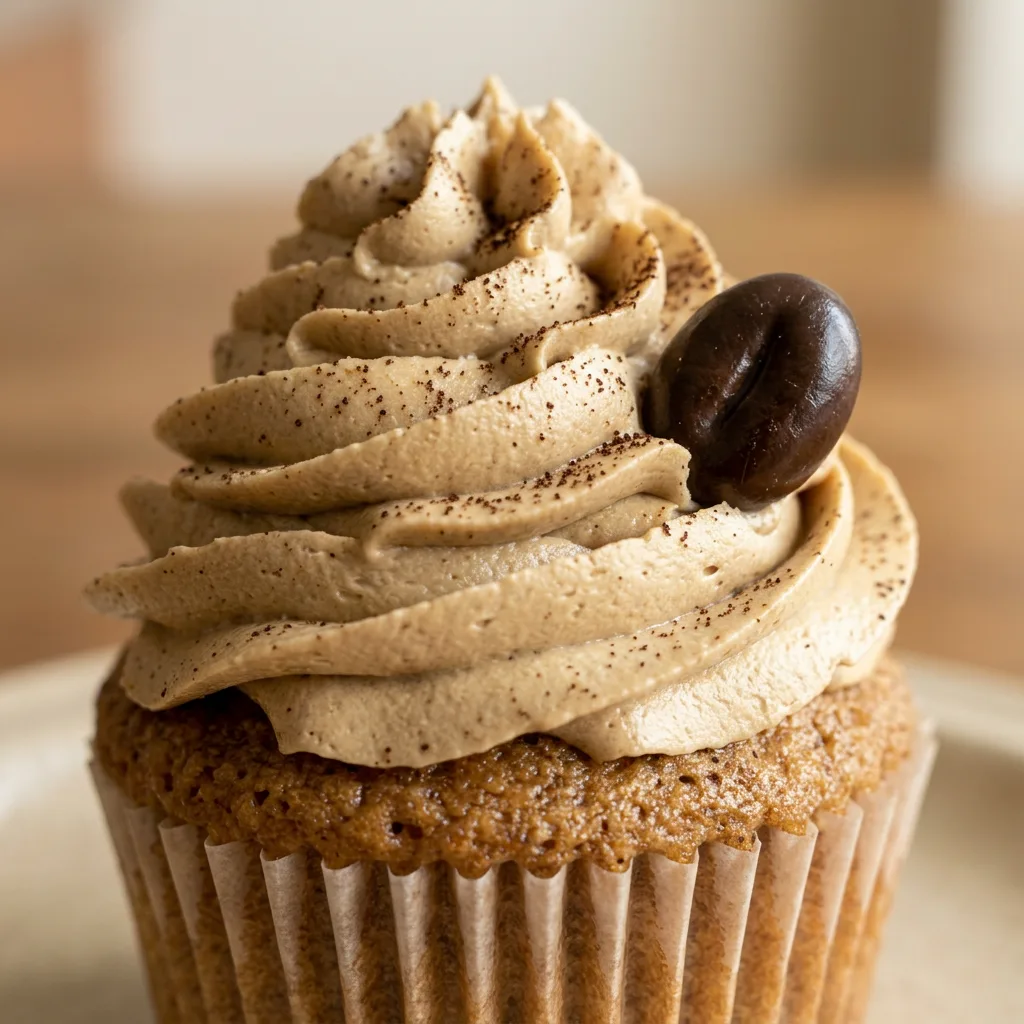 Up close, a single cupcake with a rich espresso buttercream swirl and visible specks of espresso powder.