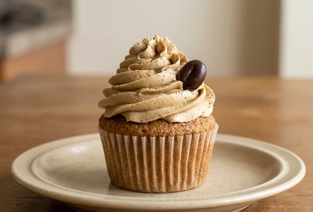 Looking down at three espresso cupcakes topped with swirls of espresso buttercream and a dusting of cocoa.