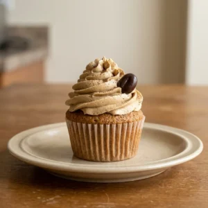 Looking down at three espresso cupcakes topped with swirls of espresso buttercream and a dusting of cocoa.