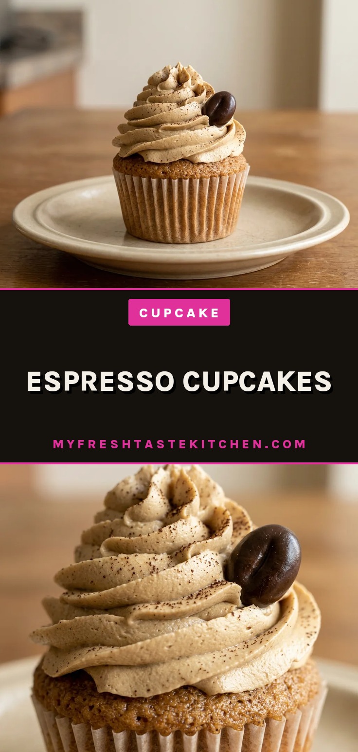 Looking down at three espresso cupcakes topped with swirls of espresso buttercream and a dusting of cocoa.