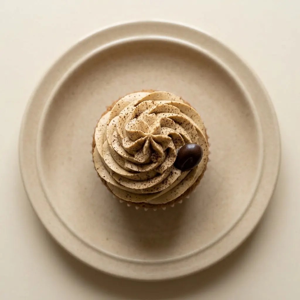 A plate of espresso cupcakes topped with creamy espresso buttercream and a light dusting of cocoa.