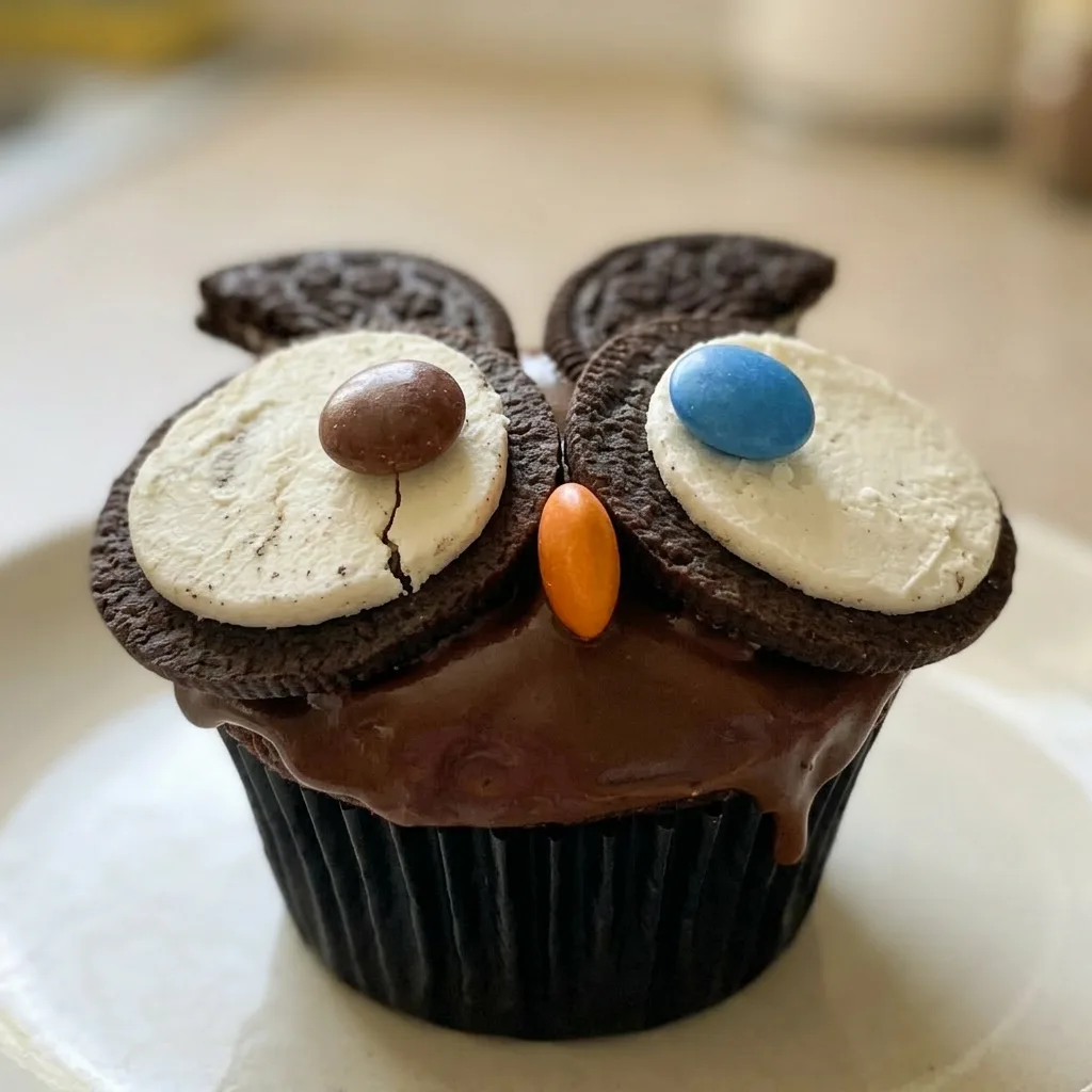 Up close, a chocolate muffin with a glossy chocolate glaze, an Oreo cookie half, and scattered Smarties and chocolate chunks.