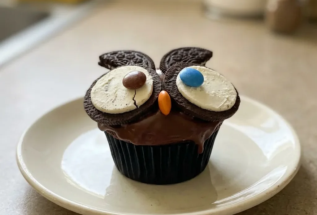 Looking down at a row of chocolate muffins topped with chocolate glaze, Oreo cookie halves, and colorful Smarties.