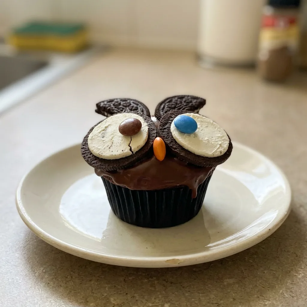 Looking down at a row of chocolate muffins topped with chocolate glaze, Oreo cookie halves, and colorful Smarties.
