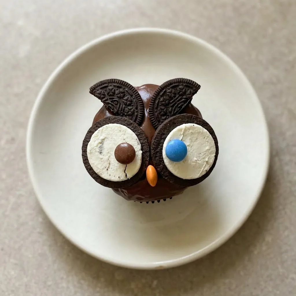 A plate of chocolate muffins with chocolate glaze, Oreo cookies, Smarties, and chocolate chunks.