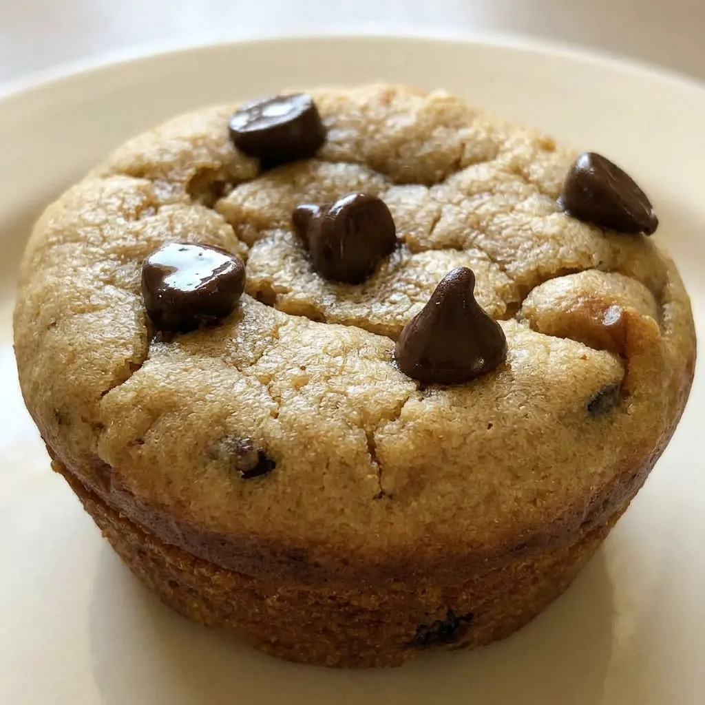 Up close, a muffin's golden-brown dome reveals melted chocolate chips and a moist, dense crumb.