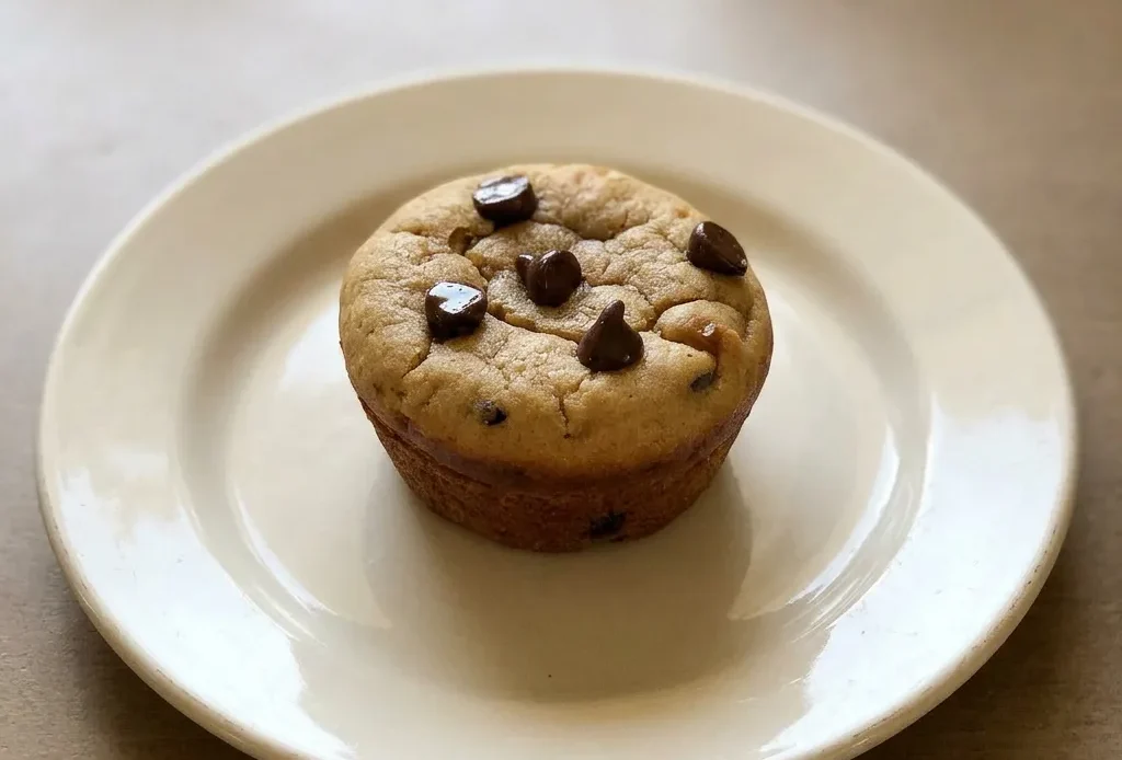 Looking down at three round muffins on a plate, each with a cracked top and studded with chocolate chips.