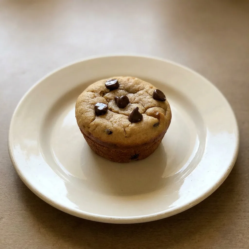 Looking down at three round muffins on a plate, each with a cracked top and studded with chocolate chips.