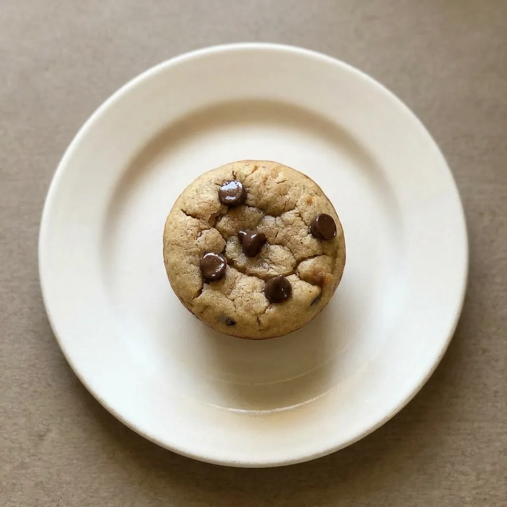 A plate of two muffins, their tops dotted with chocolate chips and a smear of peanut butter visible on one.