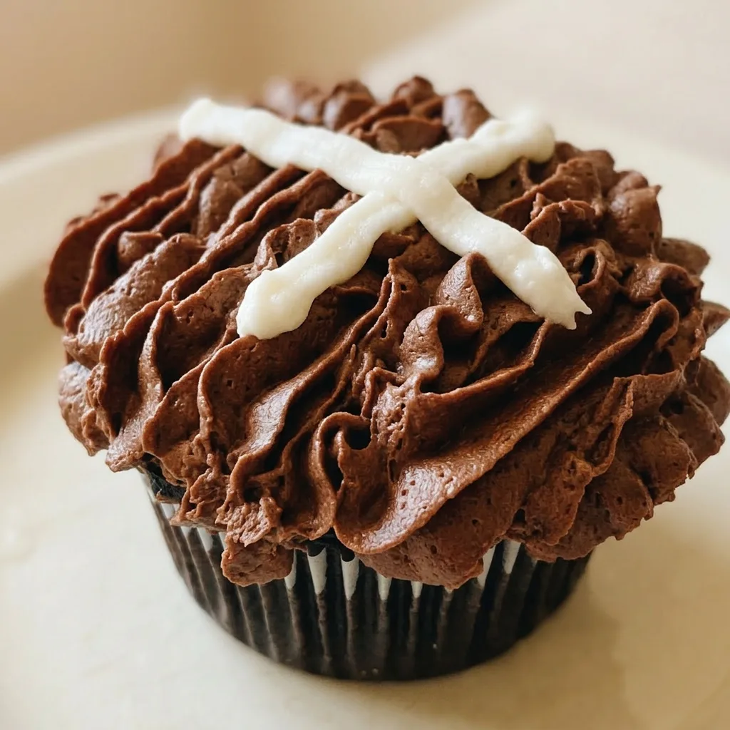 Macro detail of chocolate buttercream frosting on a chocolate cupcake, with white buttercream lacing and a visible crumb texture.