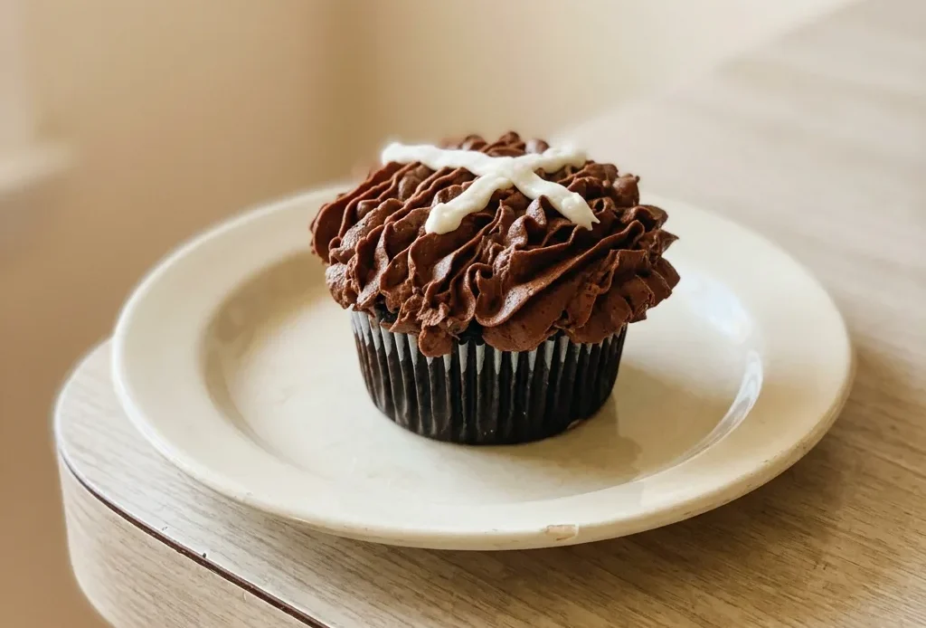 Top-down look at football-shaped cake made of chocolate cupcakes arranged in a grid, covered with chocolate buttercream and white buttercream stripes.