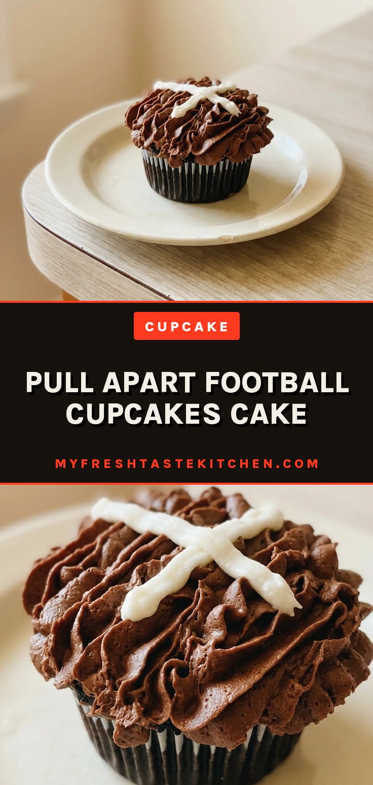 Top-down look at football-shaped cake made of chocolate cupcakes arranged in a grid, covered with chocolate buttercream and white buttercream stripes.