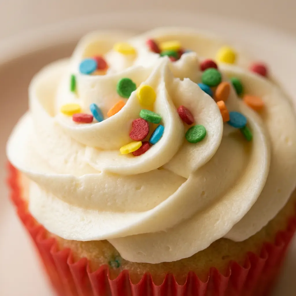 Close view of a cupcake topped with vanilla frosting, rainbow sprinkles, and a Forky character decoration.