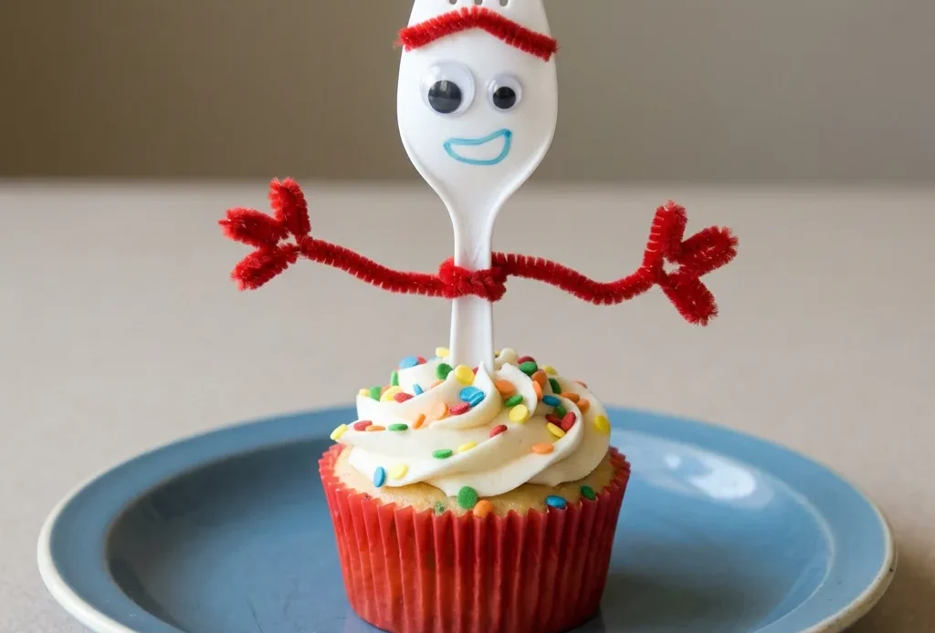 Overhead shot of a white frosted cupcake with rainbow sequin sprinkles and a Forky decoration on top.