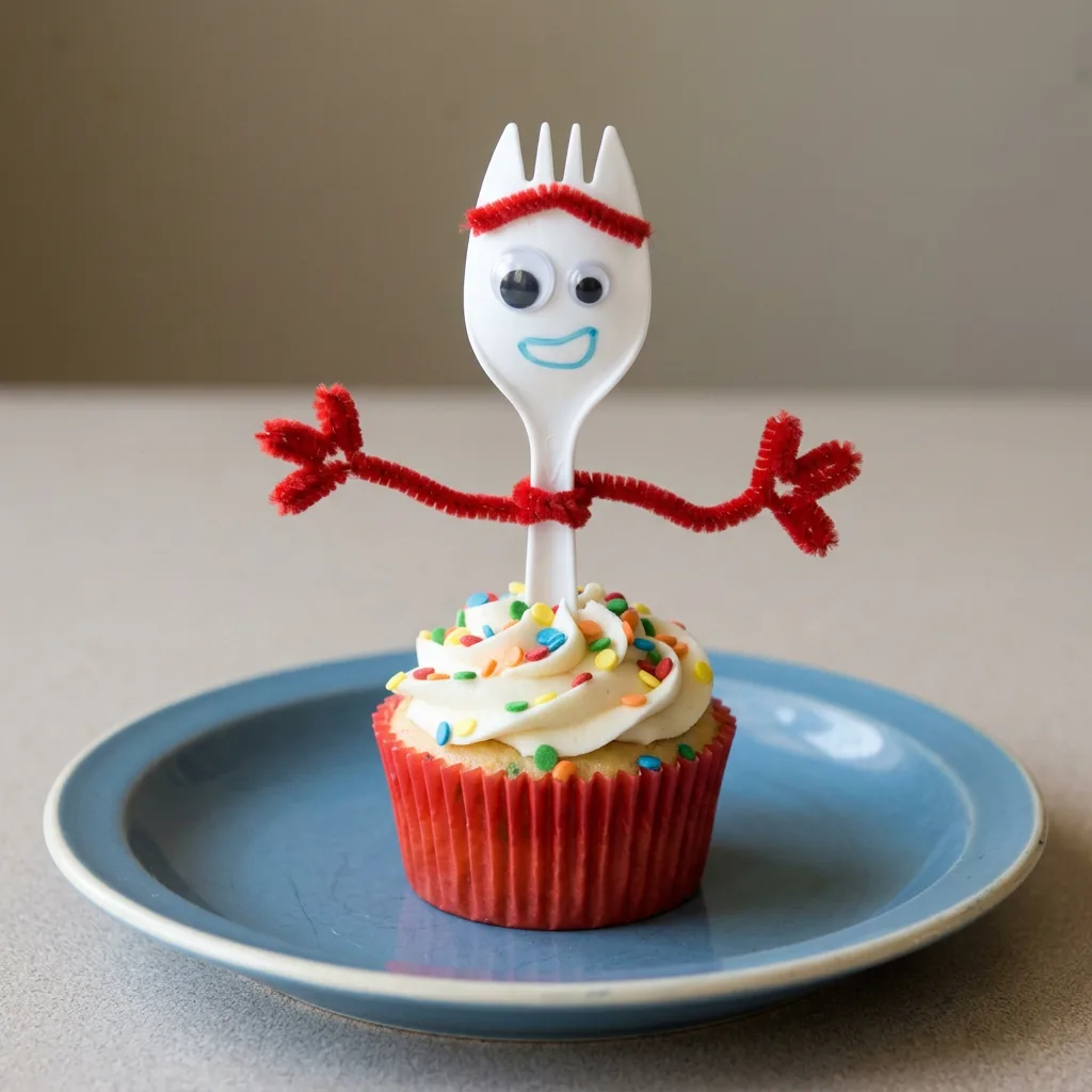 Overhead shot of a white frosted cupcake with rainbow sequin sprinkles and a Forky decoration on top.