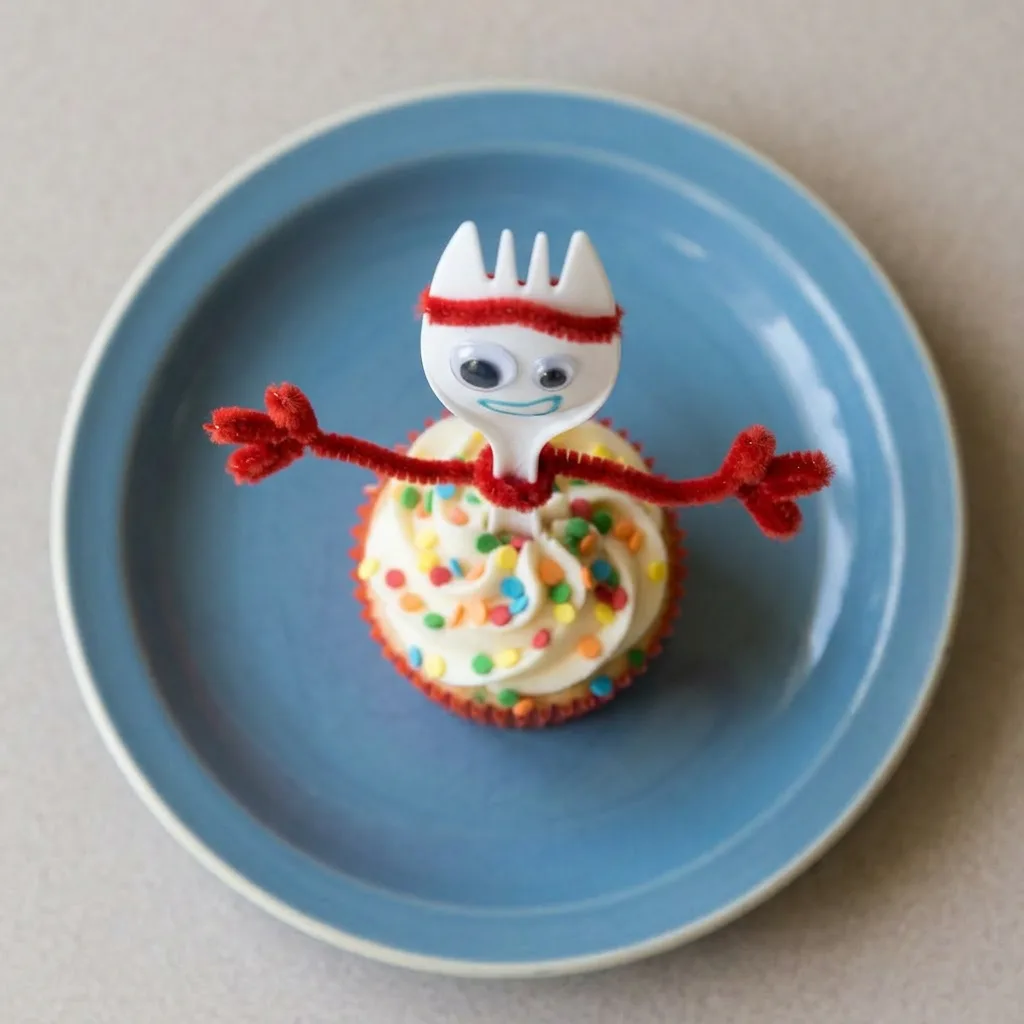 Plated cupcake with white frosting, rainbow sequin sprinkles, and Forky decoration on top.