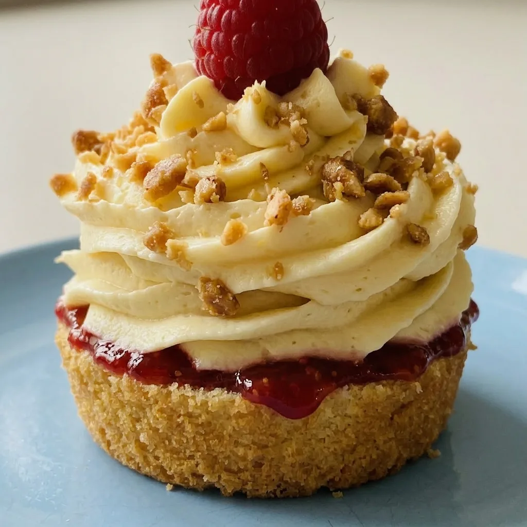 Zoomed in on a muffin with buttercream swirls, red currant jelly center, hazelnut brittle pieces, and fresh raspberries.