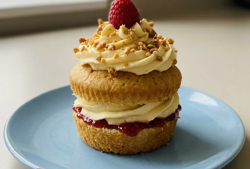 Bird's-eye view of three Frankfurter Kranz muffins topped with red currant jelly, buttercream, hazelnut brittle, and raspberries.