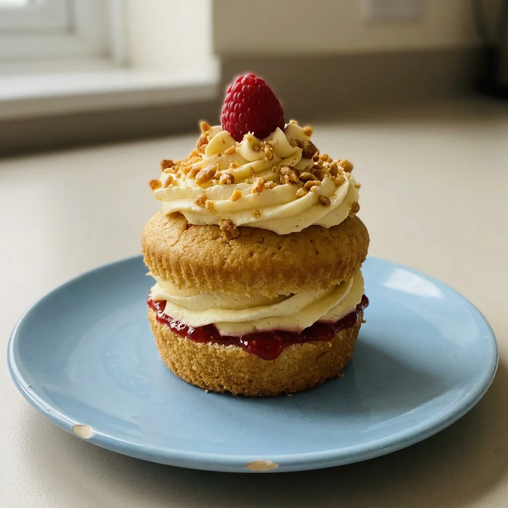 Bird's-eye view of three Frankfurter Kranz muffins topped with red currant jelly, buttercream, hazelnut brittle, and raspberries.