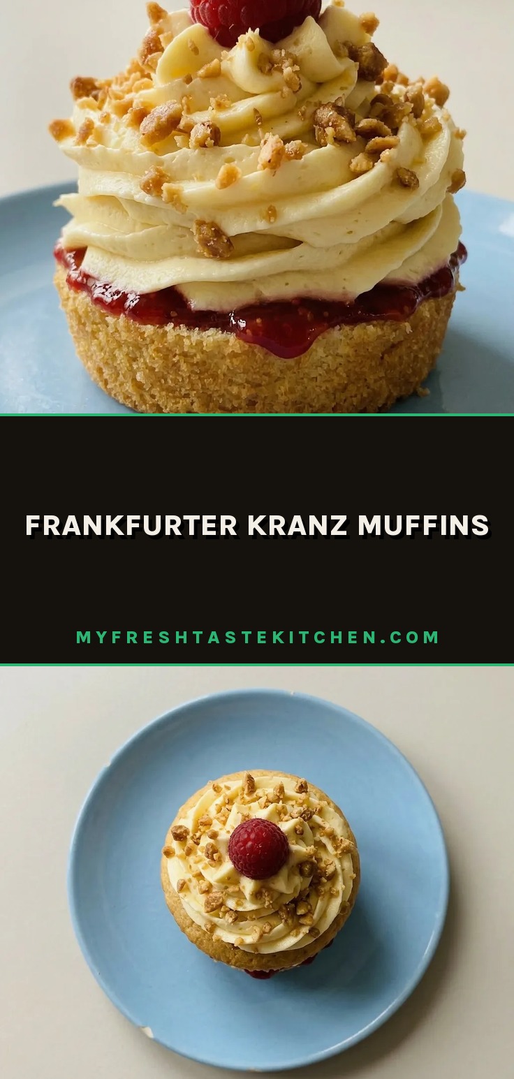 Bird's-eye view of three Frankfurter Kranz muffins topped with red currant jelly, buttercream, hazelnut brittle, and raspberries.