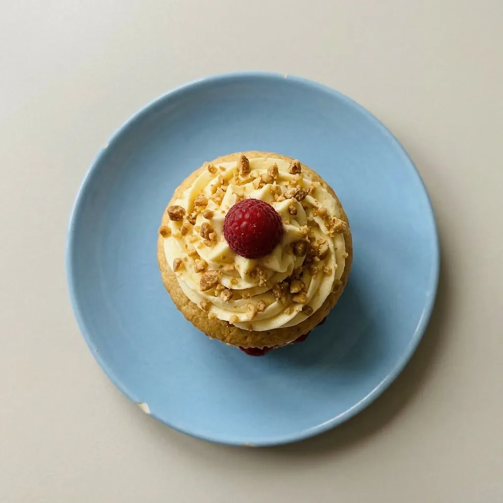 Ready to serve: a muffin with buttercream, red currant jelly, hazelnut brittle, and raspberries on top.
