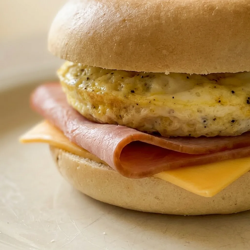 Macro detail of a bagel sandwich showing the golden cheese oozing over the ham and fluffy eggs.