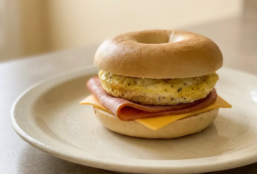 Top-down look at a toasted bagel sandwich filled with scrambled eggs, a slice of ham, and melted cheese.