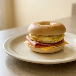 Top-down look at a toasted bagel sandwich filled with scrambled eggs, a slice of ham, and melted cheese.